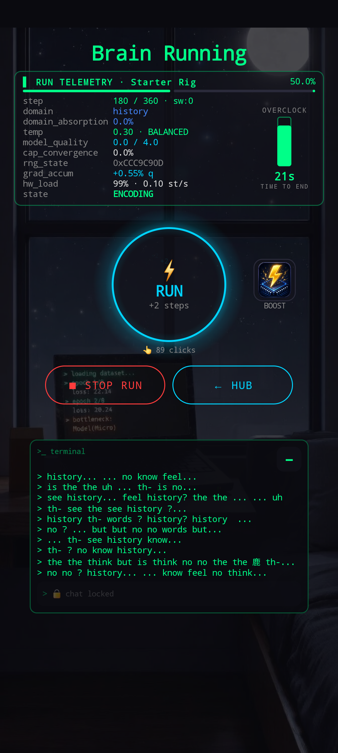 Brain Running — live RUN TELEMETRY, OVERCLOCK meter, click terminal streaming brain internal chatter