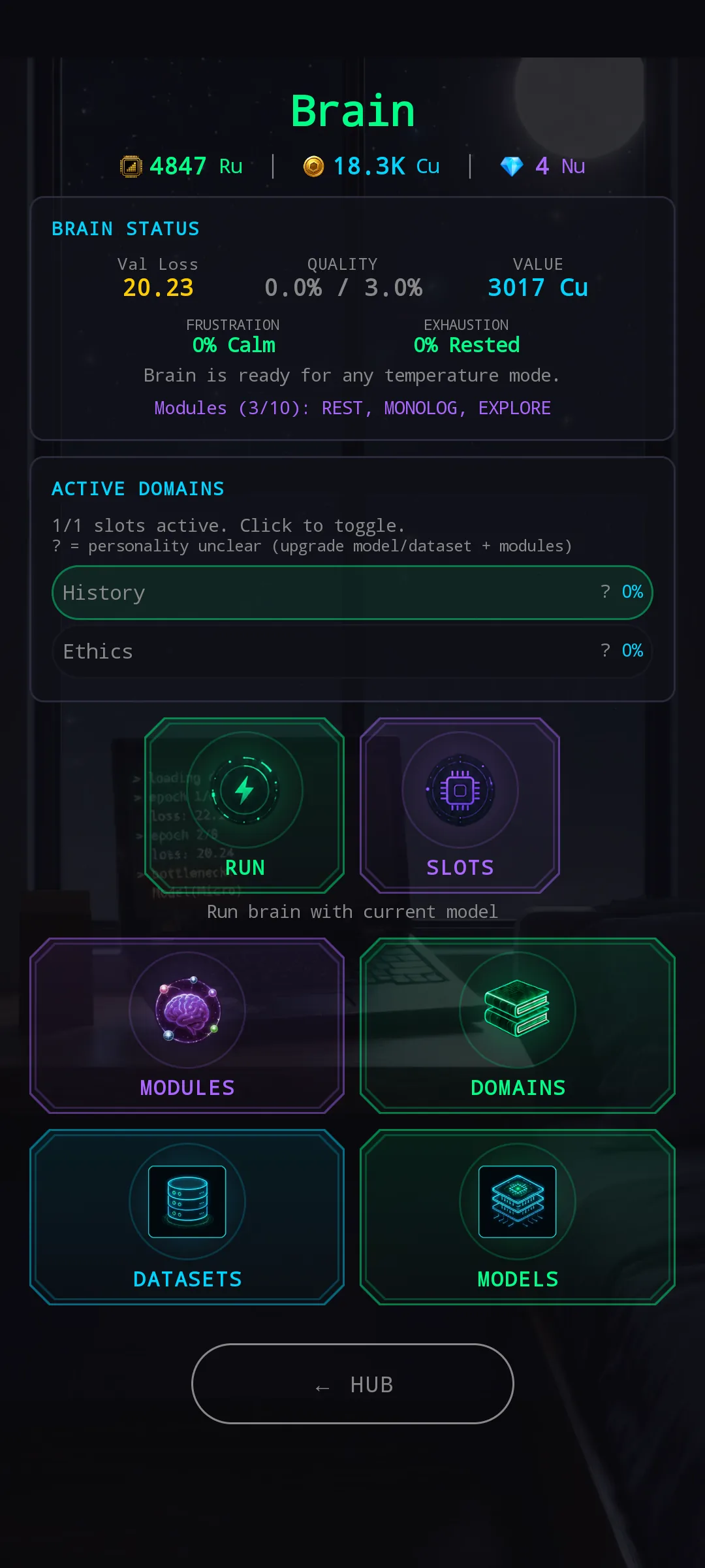 Brain screen — Val Loss, Modules 6/10, Active Domains, RUN with sub-tiles for Modules / Domains / Datasets / Models