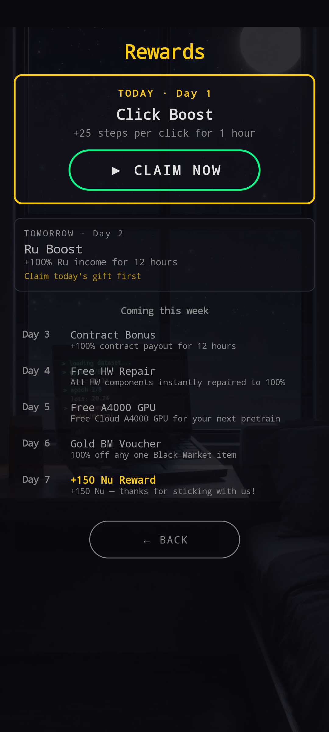 Daily Rewards screen — TODAY Day 1 Click Boost with CLAIM NOW button, TOMORROW Day 2 Ru Boost preview, Coming this week: Day 3 Contract Bonus, Day 4 Free HW Repair, Day 5 Free A4000 GPU, Day 6 Gold BM Voucher, Day 7 +150 Nu Reward