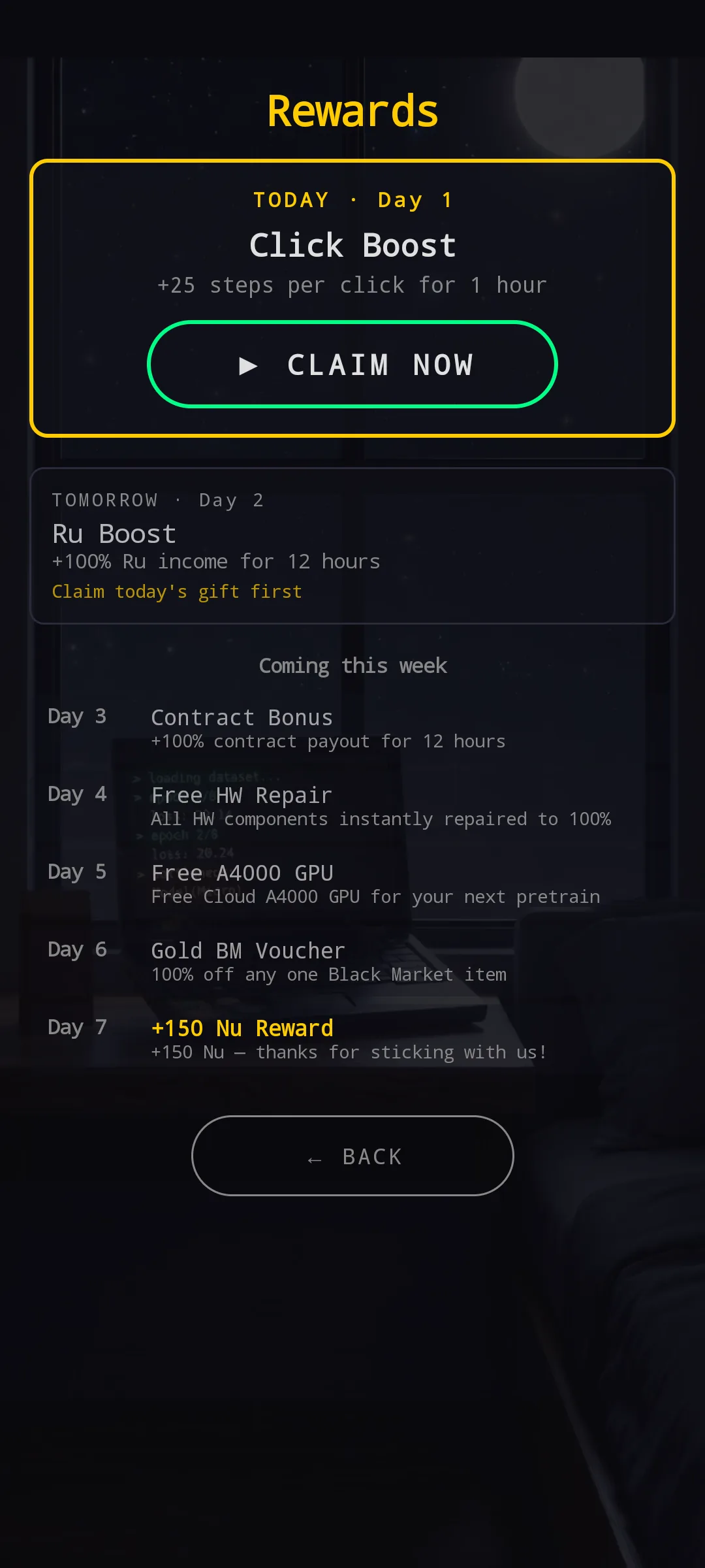 Daily Rewards screen — TODAY Day 1 Click Boost with CLAIM NOW button, TOMORROW Day 2 Ru Boost preview, Coming this week: Day 3 Contract Bonus, Day 4 Free HW Repair, Day 5 Free A4000 GPU, Day 6 Gold BM Voucher, Day 7 +150 Nu Reward