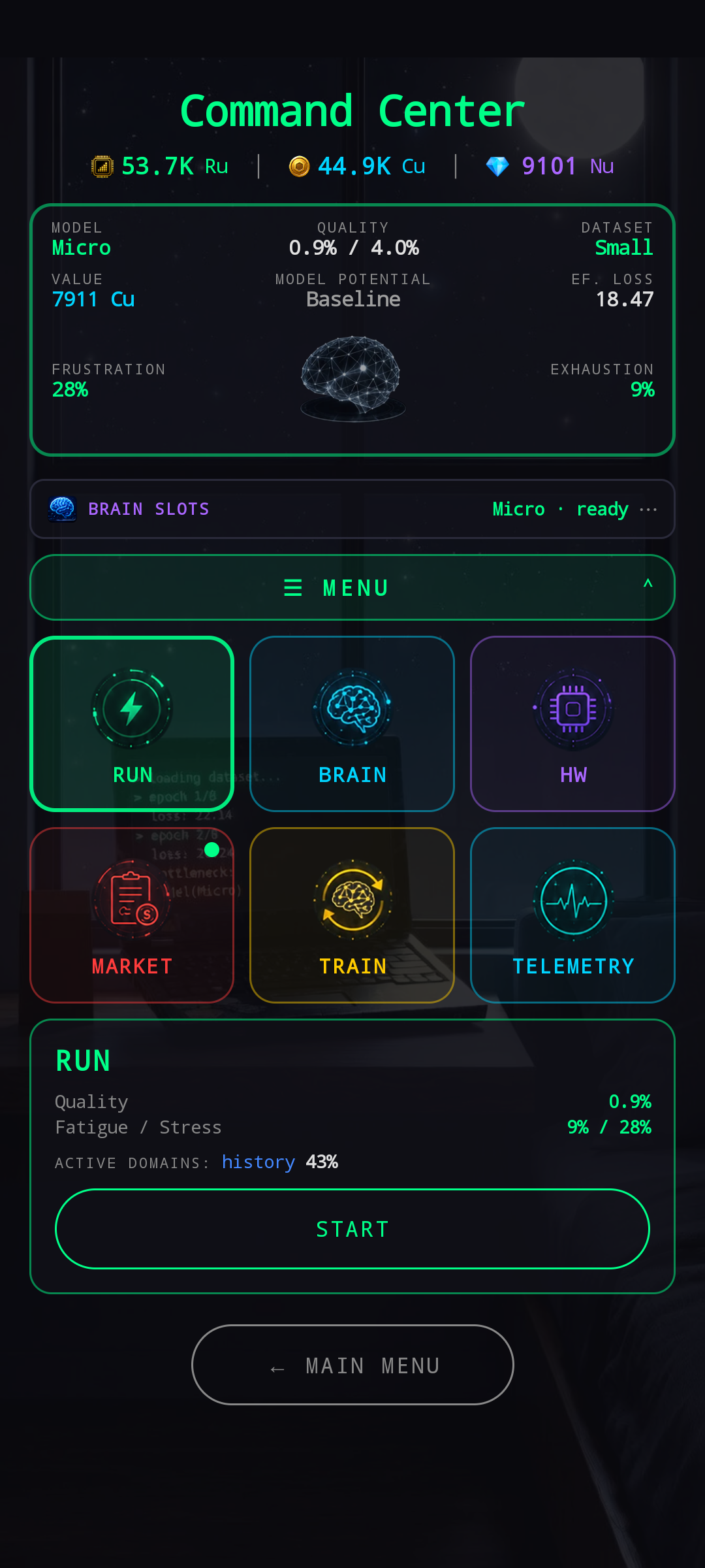 Command Center — HUB with brain projection and 2×3 tile menu