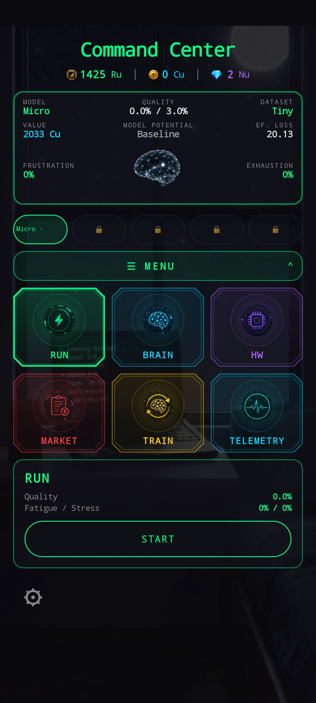 Command Center — HUB with brain projection and 2×3 tile menu
