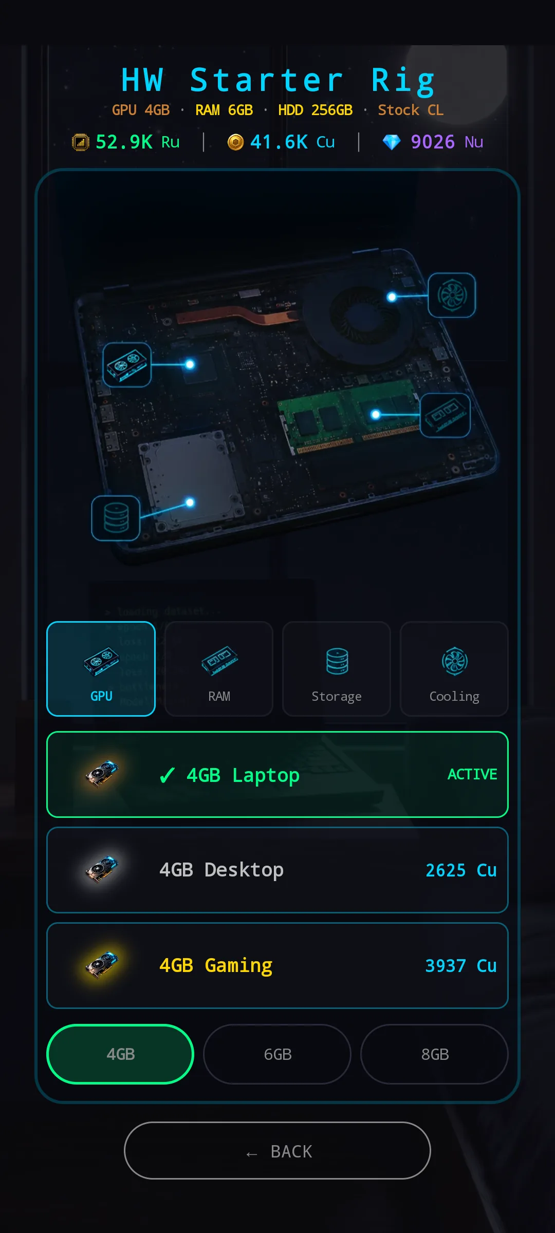 Hardware configuration — disassembled rig with GPU / RAM / Storage / Cooling drill-down