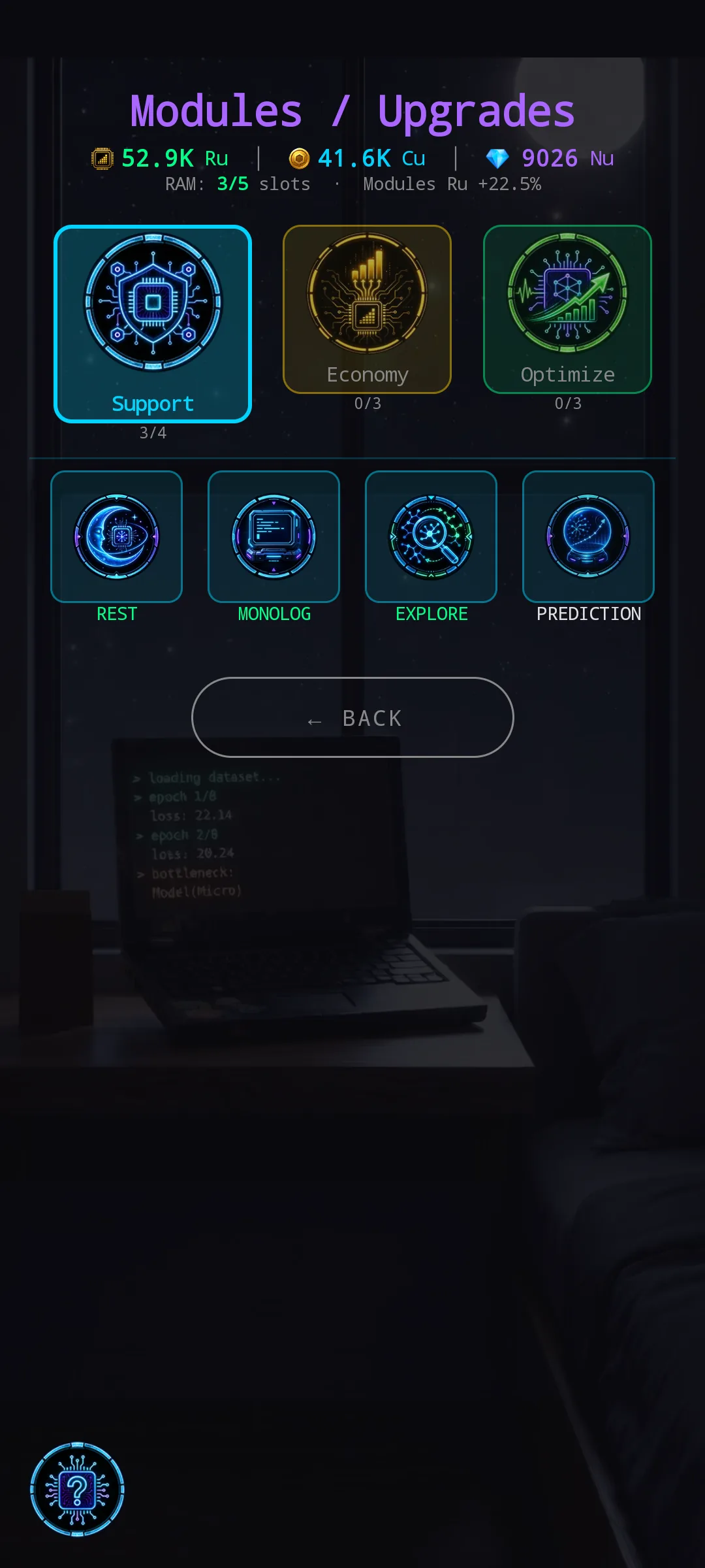 Modules and Upgrades — Support / Economy / Optimize tiers with foundation modules REST / MONOLOG / EXPLORE / PREDICTION