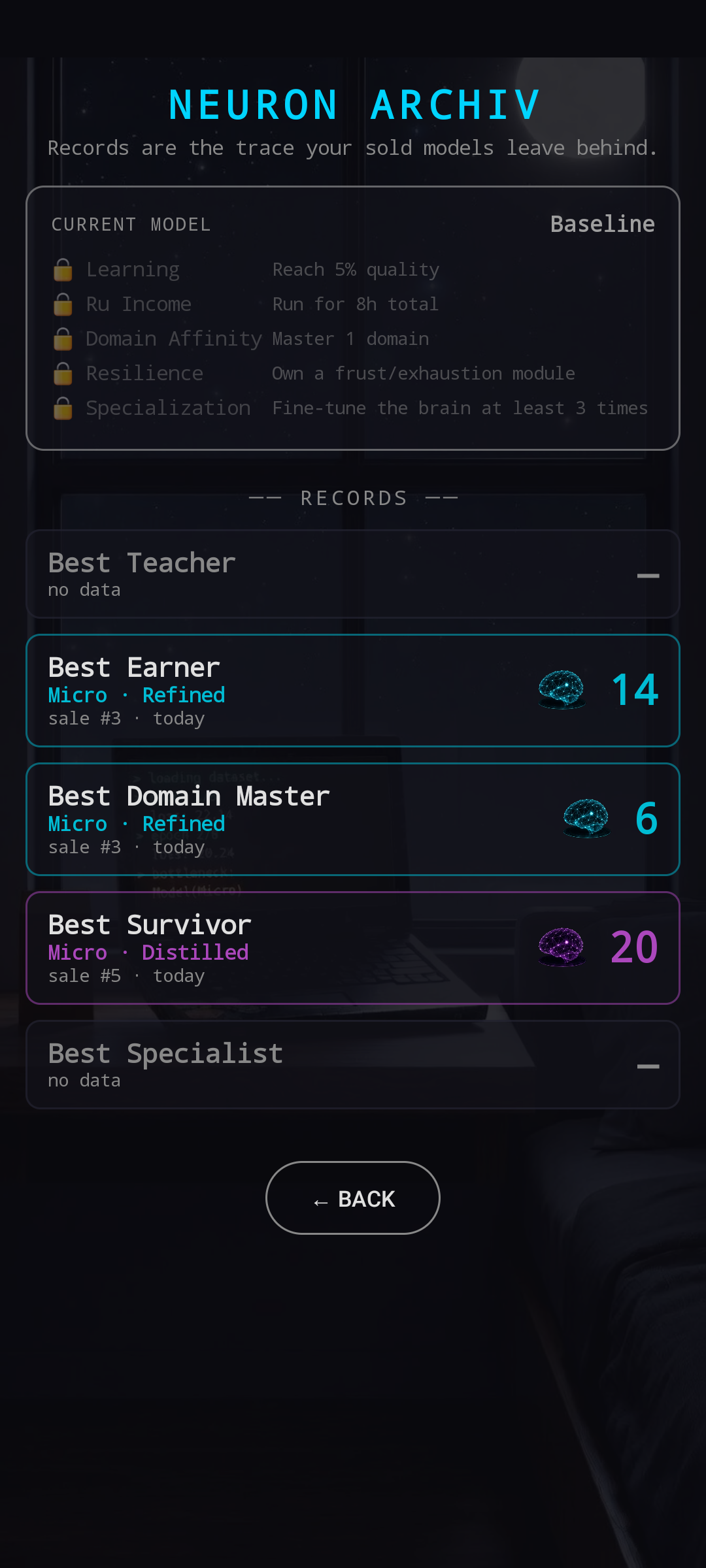 Neuron Archiv screen — five record categories (Best Teacher, Best Earner, Best Domain Master, Best Survivor, Best Specialist) with current model trait unlock hints