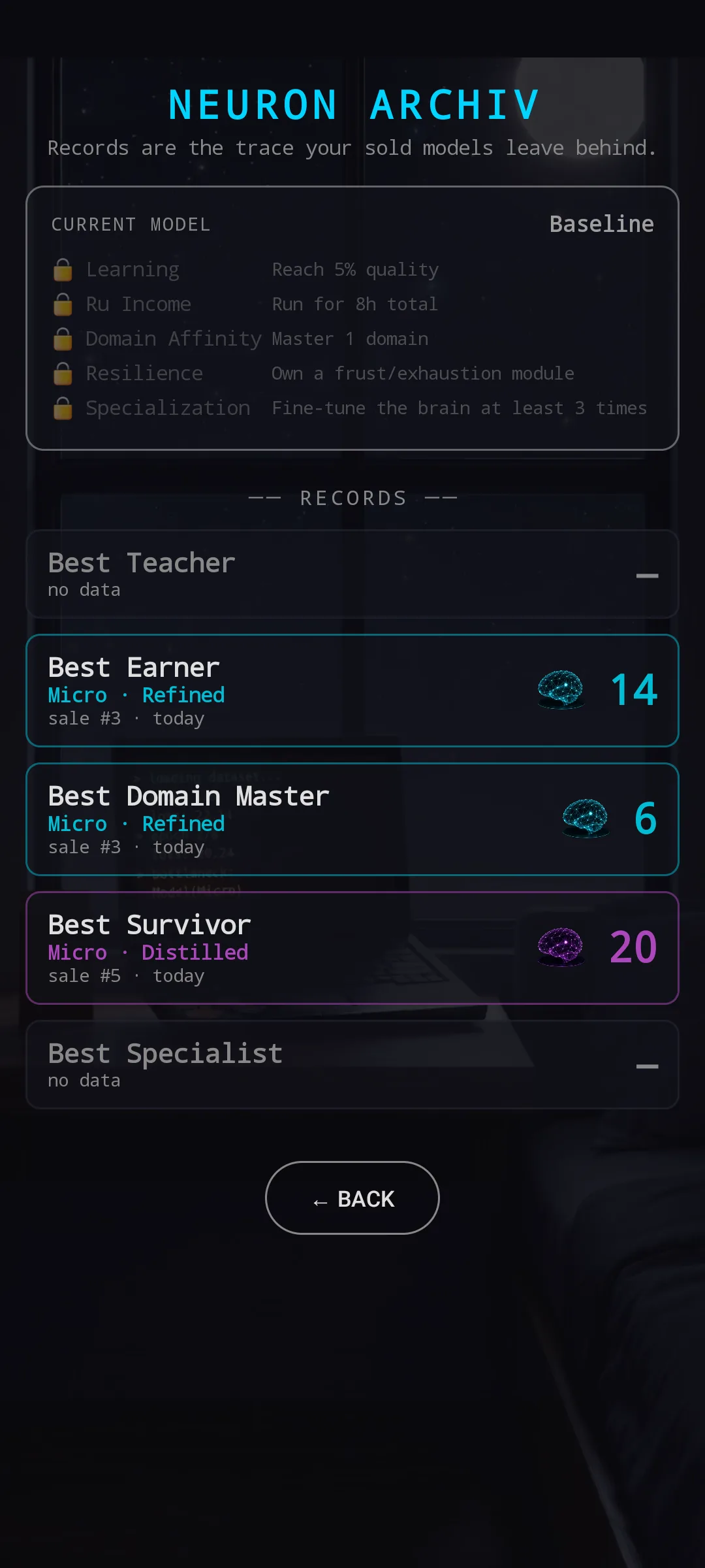 Neuron Archiv screen — five record categories (Best Teacher, Best Earner, Best Domain Master, Best Survivor, Best Specialist) with current model trait unlock hints