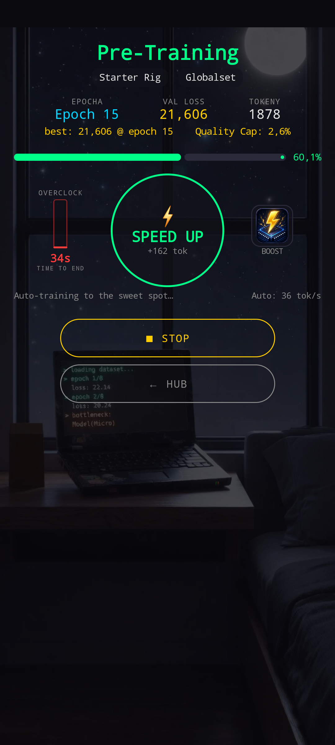 Autotrain Pre-Training screen — Epoch 15, Quality Cap 2,6%, 60,1% progress, OVERCLOCK meter, SPEED UP button, 'Auto-training to the sweet spot…' status line, STOP button