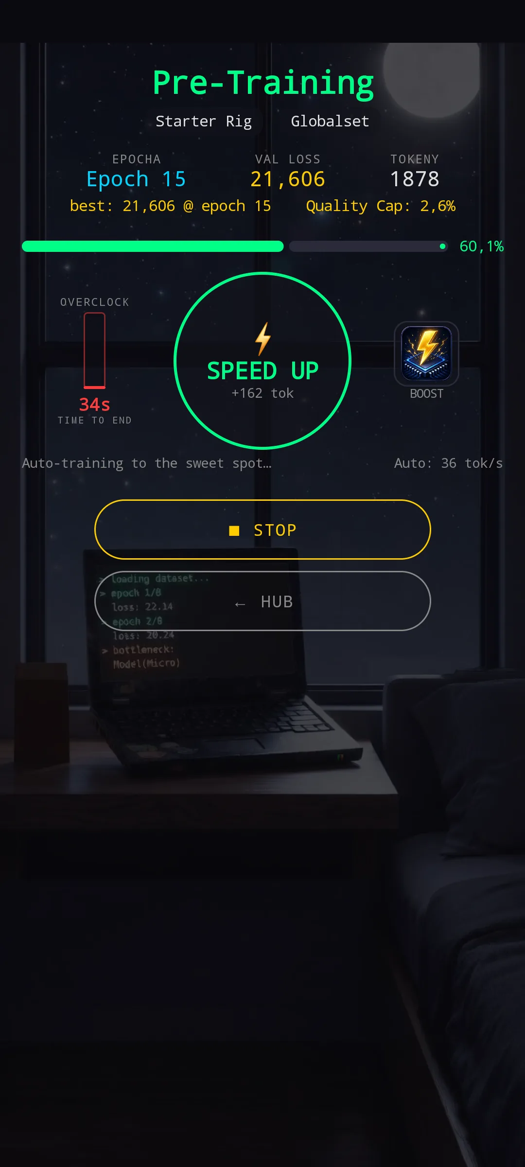 Autotrain Pre-Training screen — Epoch 15, Quality Cap 2,6%, 60,1% progress, OVERCLOCK meter, SPEED UP button, 'Auto-training to the sweet spot…' status line, STOP button